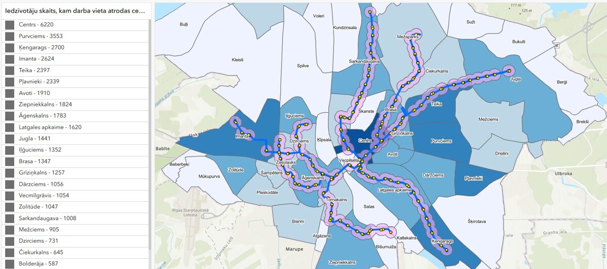 Rīgas iedzīvotāju svārstmigrācijas karte uz pilsētas centru